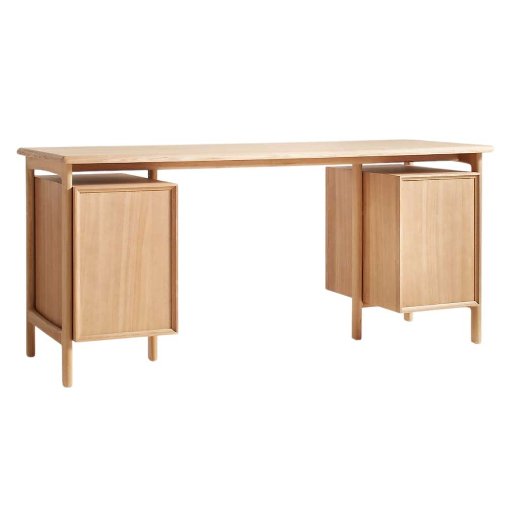 Crate & Barrel Elias 66" Natural Elm Wood Desk with File Cabinet rear view shows its finished back panels for flexible room placement