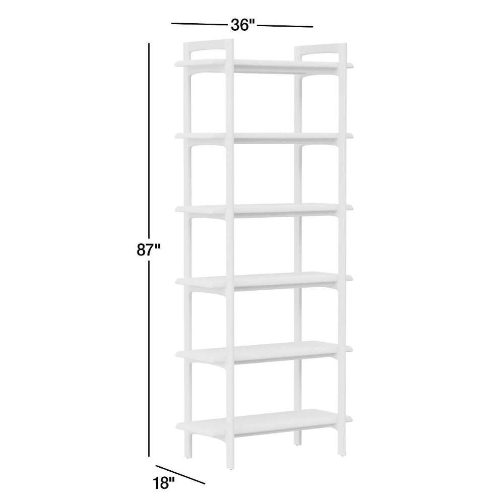 Crate & Barrel Elias Natural Elm Wood Open Bookcase dimensions are 36 inches wide, 18 inches deep, and 87 inches tall with six open shelves