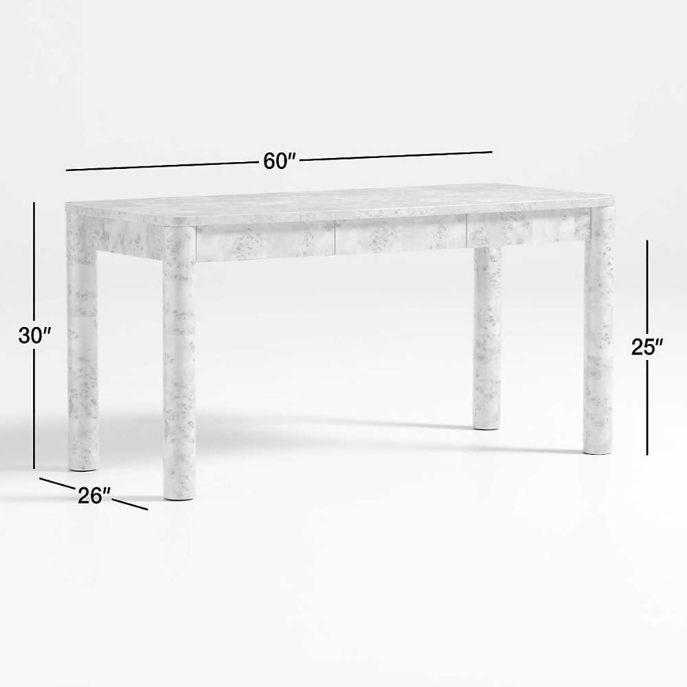 Crate & Barrel Emerson 60" Mappa Burl Desk dimensions are displayed, showing a 60-inch wide desktop, 30-inch height, and 26-inch depth