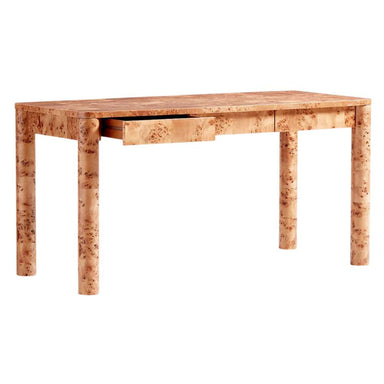 Crate & Barrel Emerson 60" Mappa Burl Desk shown at an angle with one drawer open to reveal built-in storage beneath the desktop