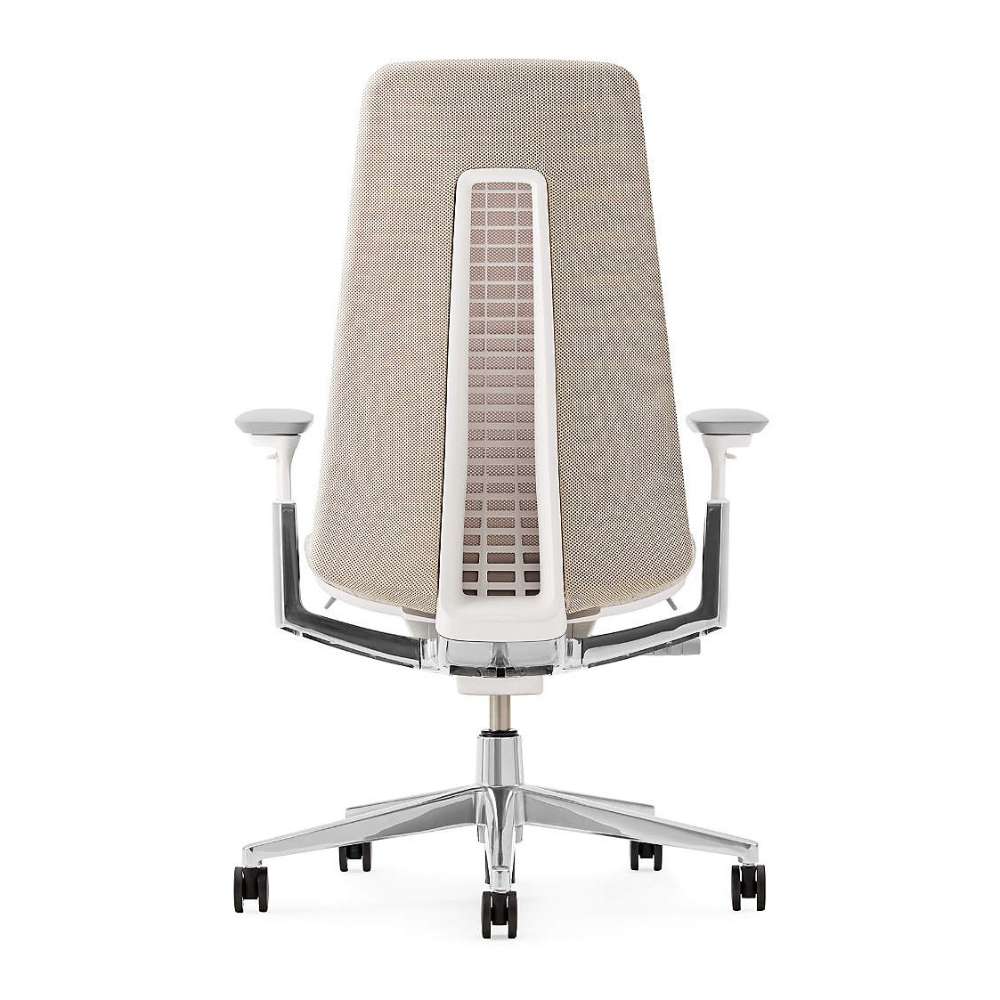 Crate & Barrel Haworth Fern Upholstered Beach Office Chair shown from the back with its tall upholstered backrest and visible flexible support frame