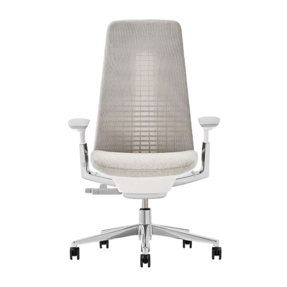 Crate & Barrel Haworth Fern Upholstered Beach Office Chair shown from the front with a tall upholstered back, padded seat, adjustable armrests, and a rolling aluminum base