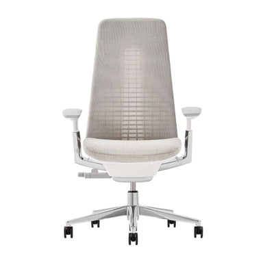 Crate & Barrel Haworth Fern Upholstered Beach Office Chair shown from the front with a tall upholstered back, padded seat, adjustable armrests, and a rolling aluminum base