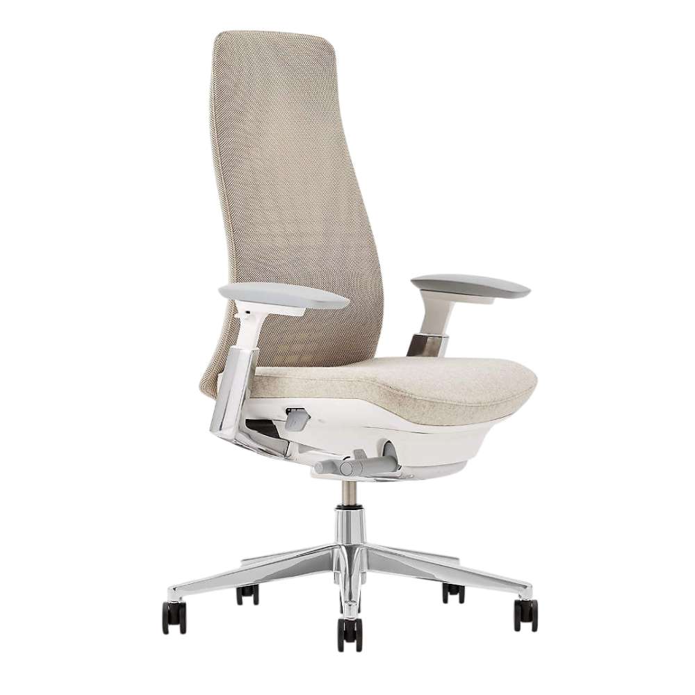 Crate & Barrel Haworth Fern Upholstered Beach Office Chair shown from the side, highlighting its curved backrest, padded seat, adjustable armrests, and caster wheels