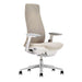 Crate & Barrel Haworth Fern Upholstered Beach Office Chair shown from the side, highlighting its curved backrest, padded seat, adjustable armrests, and caster wheels