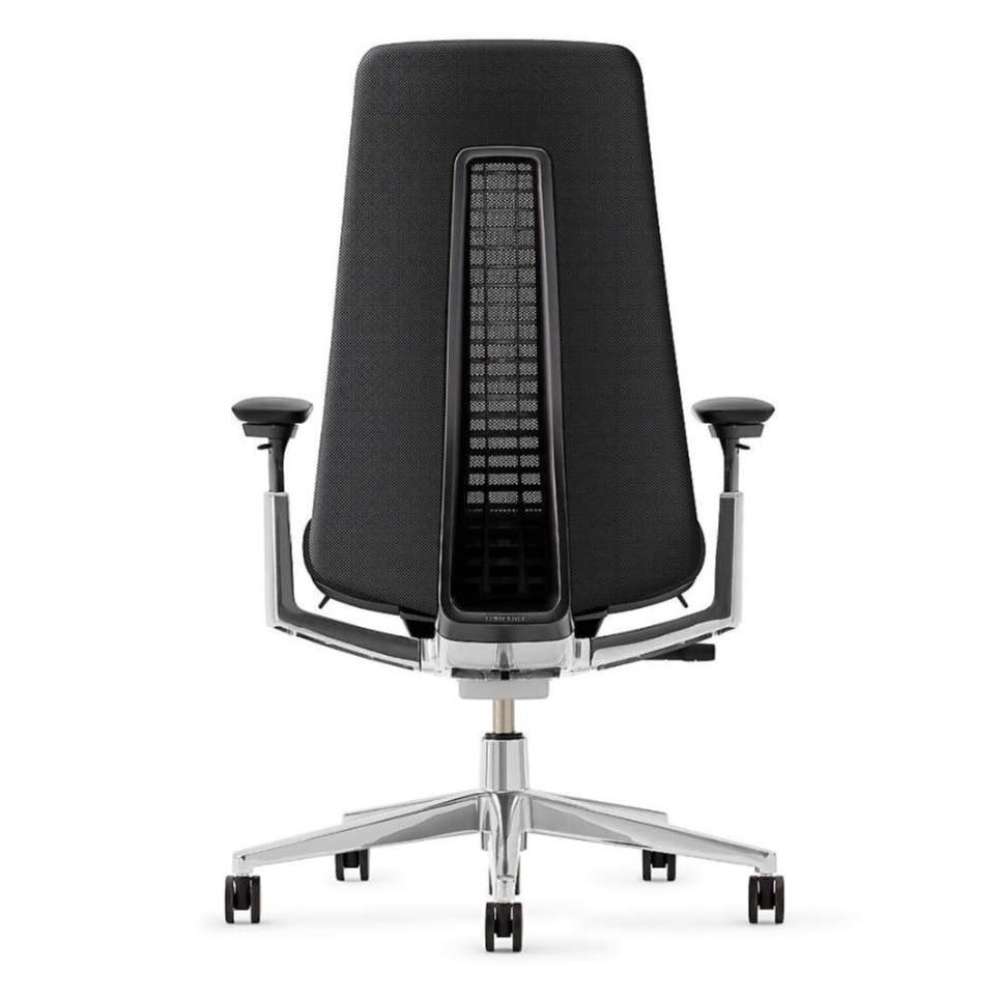 Crate & Barrel Haworth Fern Upholstered Coal Office Chair shown from the back with its tall upholstered backrest and visible flexible support frame