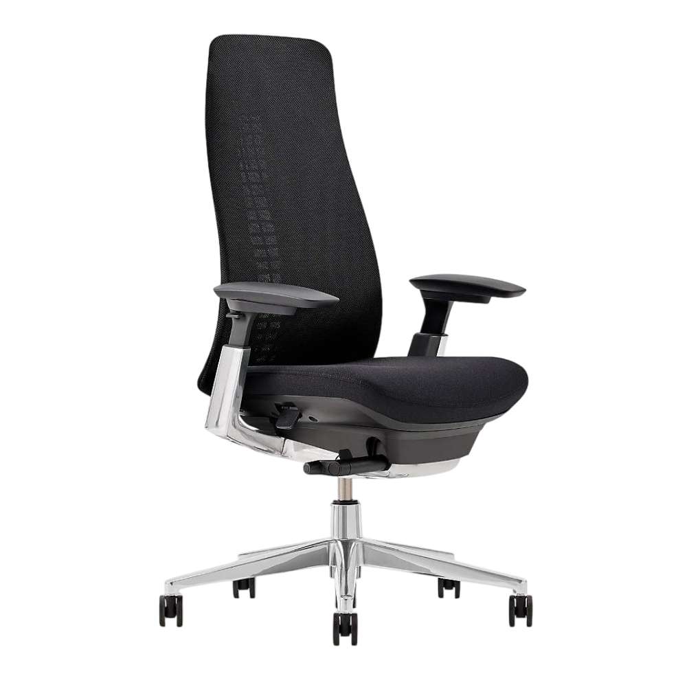 Crate & Barrel Haworth Fern Upholstered Coal Office Chair shown from the side with a tall upholstered back, padded seat, adjustable armrests, and a rolling aluminum base