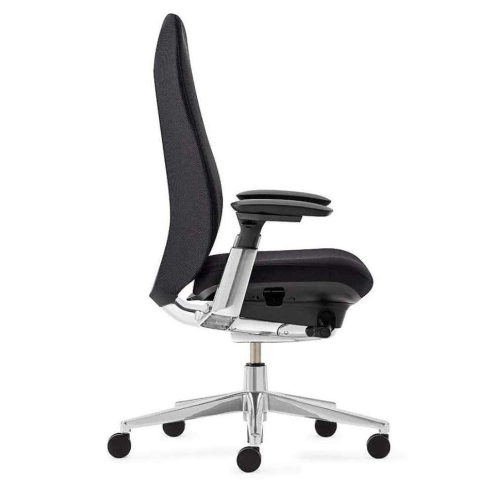 Crate & Barrel Haworth Fern Upholstered Coal Office Chair shown in side profile with a slim backrest, padded seat, adjustable armrests, and rolling base