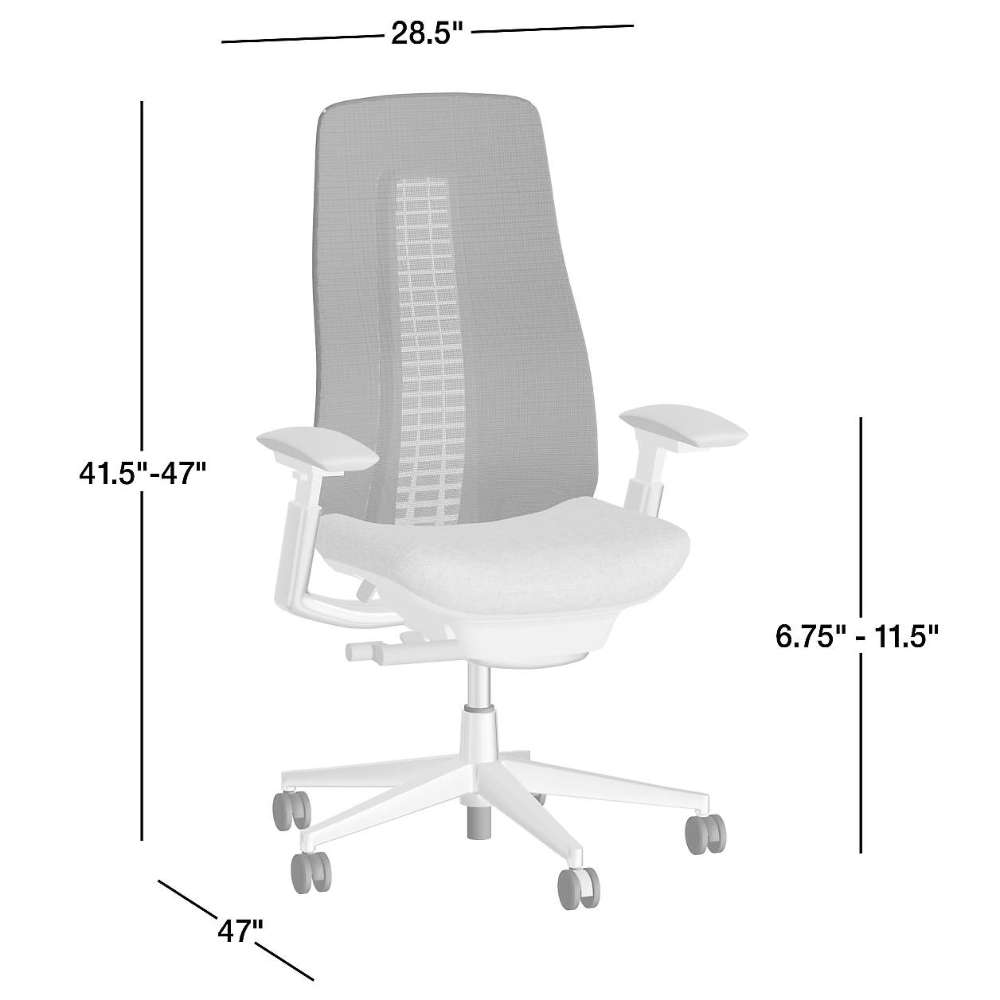 Crate & Barrel Haworth Fern Upholstered Office Chair dimension guide showing a 28.5-inch width, 41.5 to 47-inch height, 47-inch depth, and 6.75 to 11.5-inch adjustable armrest height