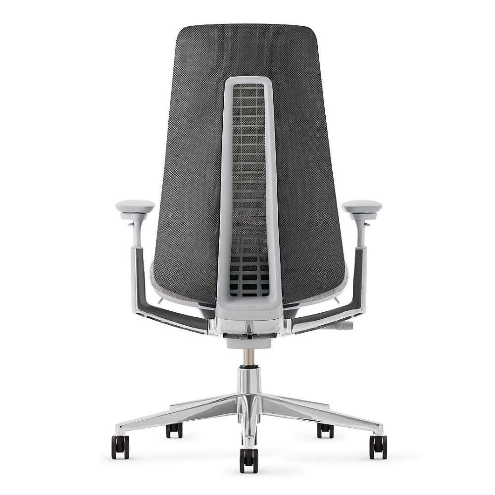 Crate & Barrel Haworth Fern Upholstered River Rock Office Chair shown from the back with its tall upholstered backrest and visible flexible support frame