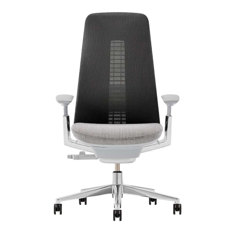 Crate & Barrel Haworth Fern Upholstered River Rock Office Chair shown from the front with a tall upholstered back, padded seat, adjustable armrests, and a rolling aluminum base
