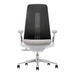 Crate & Barrel Haworth Fern Upholstered River Rock Office Chair shown from the front with a tall upholstered back, padded seat, adjustable armrests, and a rolling aluminum base