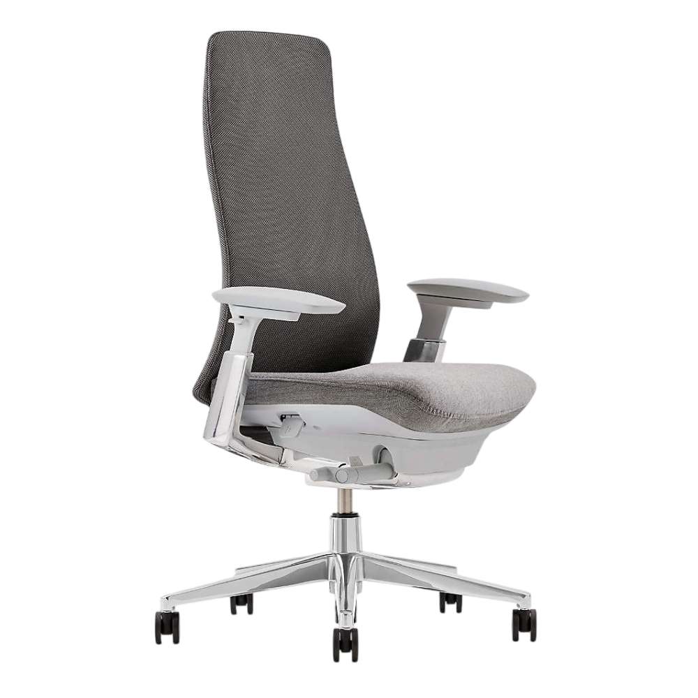 Crate & Barrel Haworth Fern Upholstered River Rock Office Chair shown from the side, highlighting its curved backrest, padded seat, adjustable armrests, and caster wheels