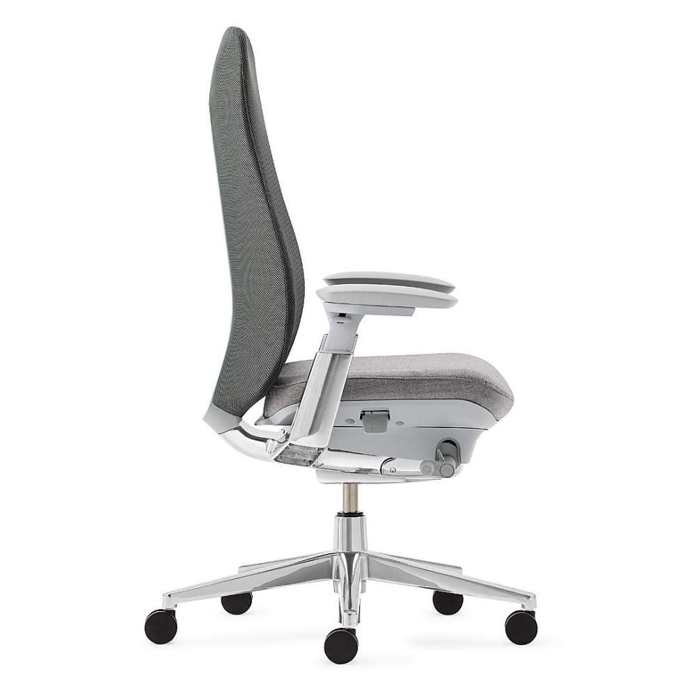 Crate & Barrel Haworth Fern Upholstered River Rock Office Chair shown in side profile with a slim backrest, padded seat, adjustable armrests, and rolling base