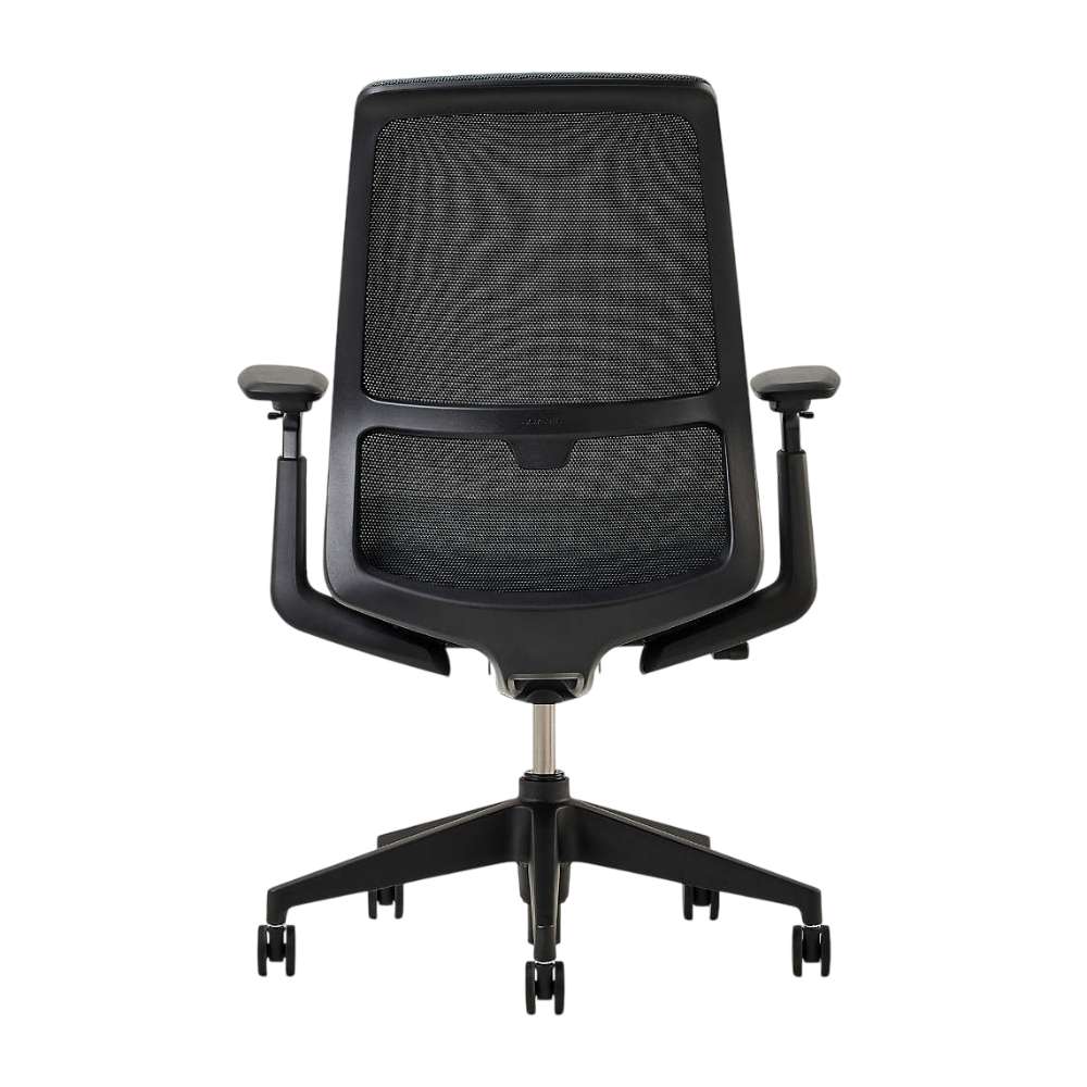 Crate & Barrel Haworth Soji Upholstered Charcoal and Mesh Office Chair back view showcases the breathable mesh design and rolling five-star base