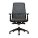 Crate & Barrel Haworth Soji Upholstered Charcoal and Mesh Office Chair front view highlights the breathable mesh back, upholstered seat, and adjustable armrests