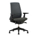 Crate & Barrel Haworth Soji Upholstered Charcoal and Mesh Office Chair is shown from an angled front view with a contoured seat and ergonomic mesh back