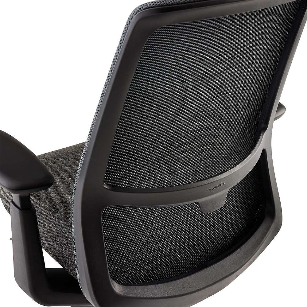 Crate & Barrel Haworth Soji Upholstered Charcoal and Mesh Office Chair rear view highlights the supportive mesh back and durable frame