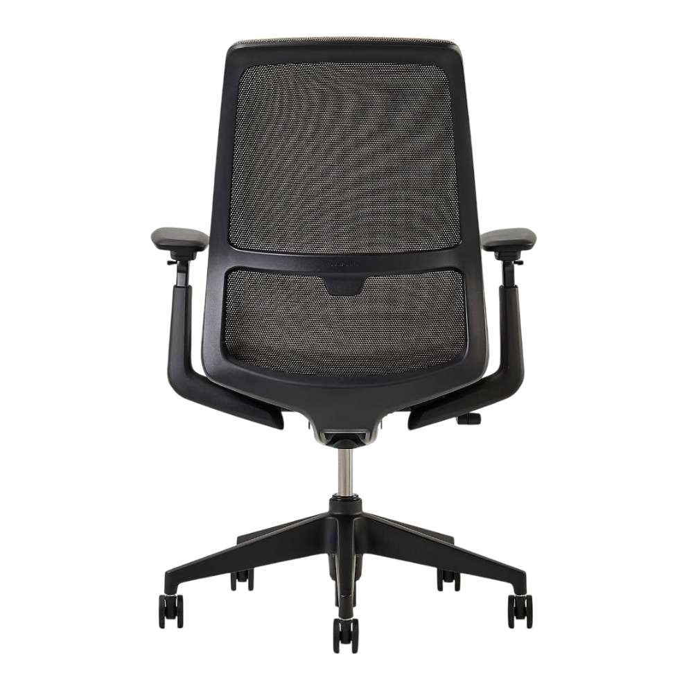 Crate & Barrel Haworth Soji Upholstered Clay and Mesh Office Chair back view highlights the breathable mesh design and rolling five-star base