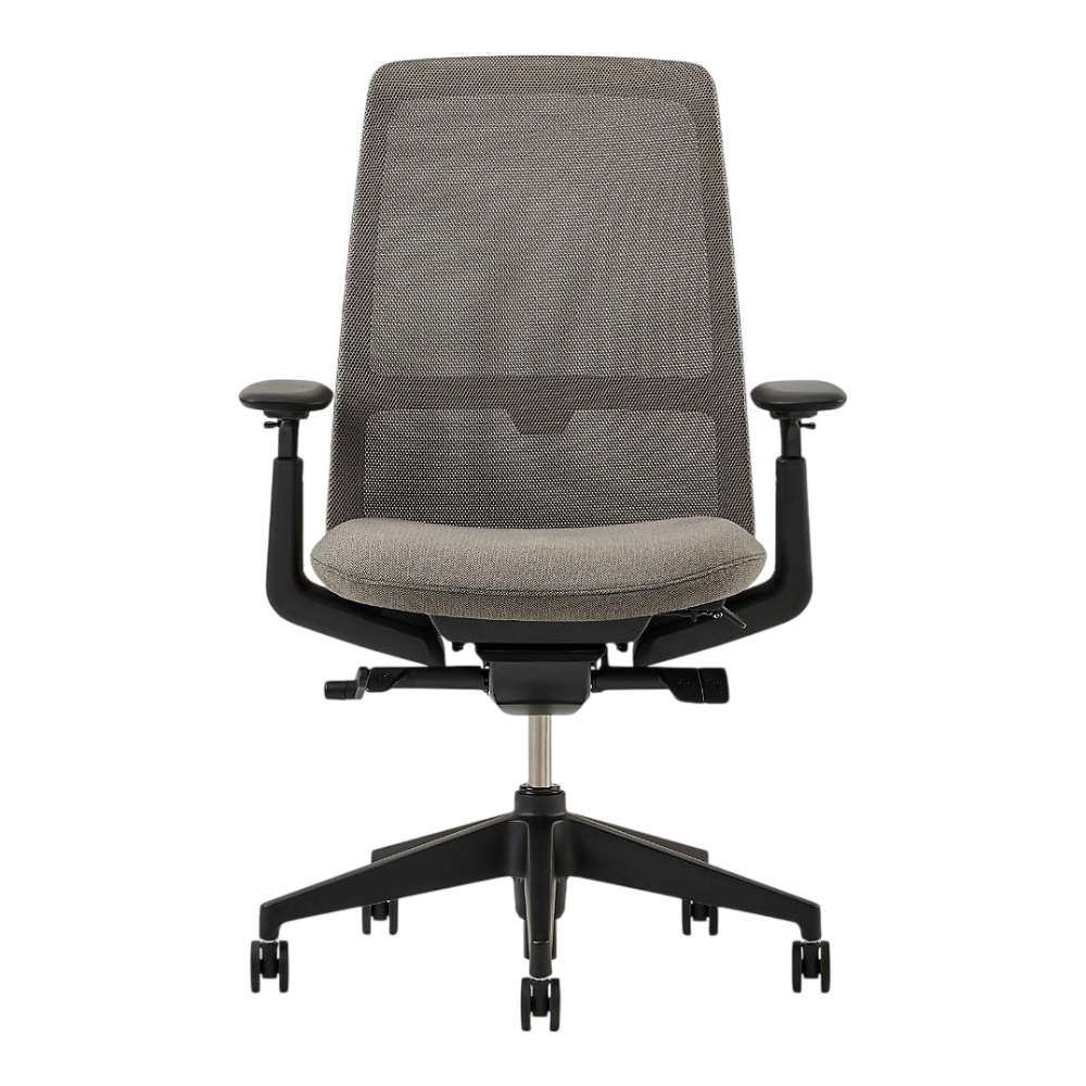 Crate & Barrel Haworth Soji Upholstered Clay and Mesh Office Chair front view highlights the ergonomic mesh back, upholstered seat, and rolling base