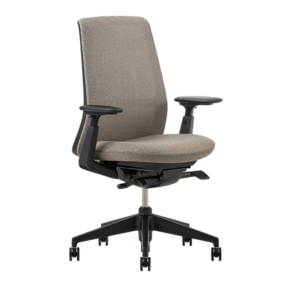 Crate & Barrel Haworth Soji Upholstered Clay and Mesh Office Chair is shown from an angled front view with a breathable mesh back, cushioned seat, and adjustable armrests