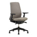 Crate & Barrel Haworth Soji Upholstered Clay and Mesh Office Chair is shown from an angled front view with a breathable mesh back, cushioned seat, and adjustable armrests