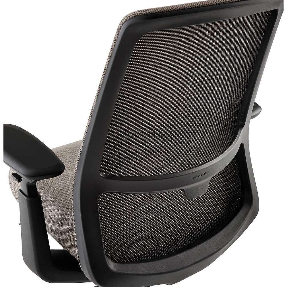 Crate & Barrel Haworth Soji Upholstered Clay and Mesh Office Chair rear view showcases the supportive mesh back and sturdy black frame