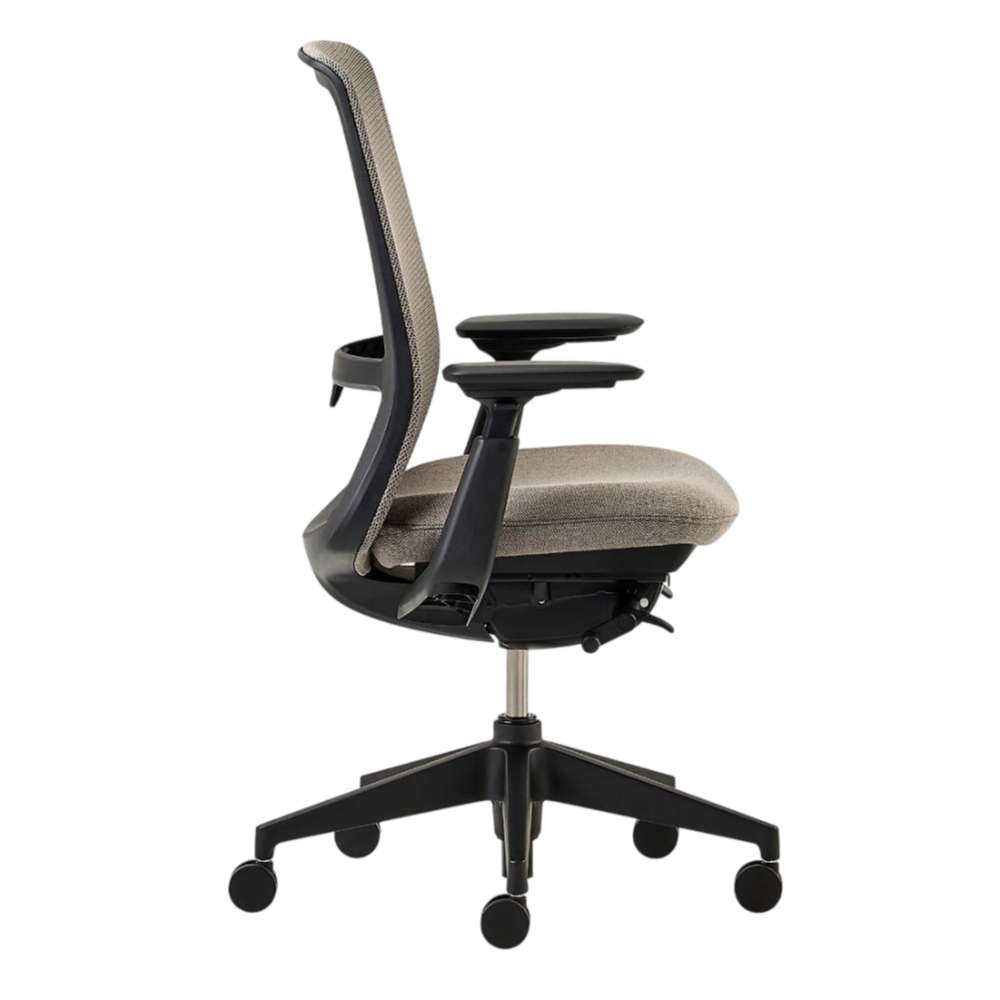 Crate & Barrel Haworth Soji Upholstered Clay and Mesh Office Chair side profile shows its slim ergonomic frame, cushioned seat, and adjustable armrests