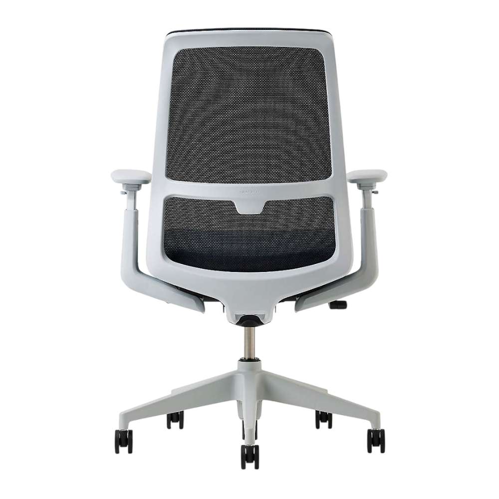Crate & Barrel Haworth Soji Upholstered Navy and Mesh Office Chair back view showcases the supportive mesh design and rolling five-star base