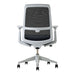 Crate & Barrel Haworth Soji Upholstered Navy and Mesh Office Chair back view showcases the supportive mesh design and rolling five-star base