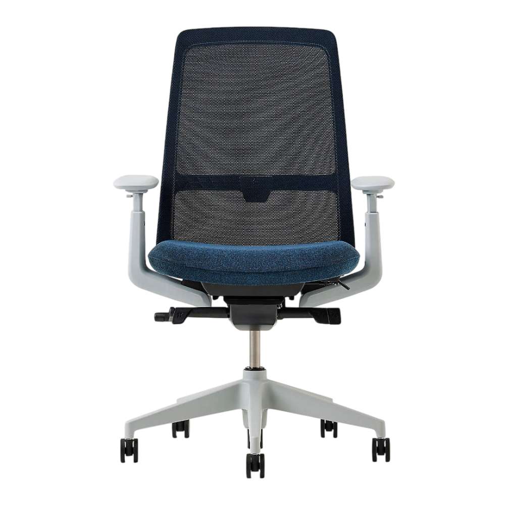 Crate & Barrel Haworth Soji Upholstered Navy and Mesh Office Chair front view highlights the breathable mesh back, navy upholstered seat, and adjustable armrests