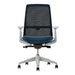 Crate & Barrel Haworth Soji Upholstered Navy and Mesh Office Chair front view highlights the breathable mesh back, navy upholstered seat, and adjustable armrests