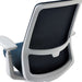 Crate & Barrel Haworth Soji Upholstered Navy and Mesh Office Chair rear view highlights the breathable mesh back and sturdy white frame