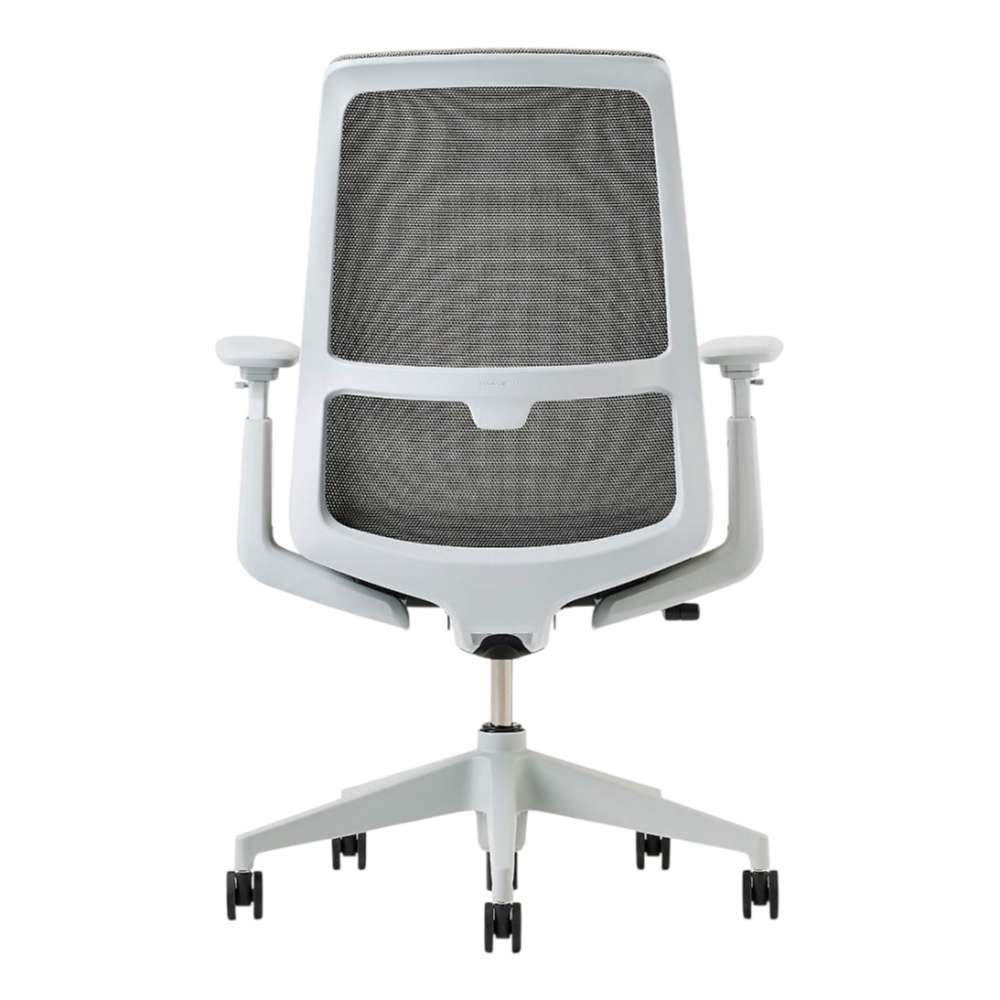 Crate & Barrel Haworth Soji Upholstered Stone and Mesh Office Chair back view showcases the breathable mesh design and sturdy white frame