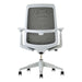 Crate & Barrel Haworth Soji Upholstered Stone and Mesh Office Chair back view showcases the breathable mesh design and sturdy white frame