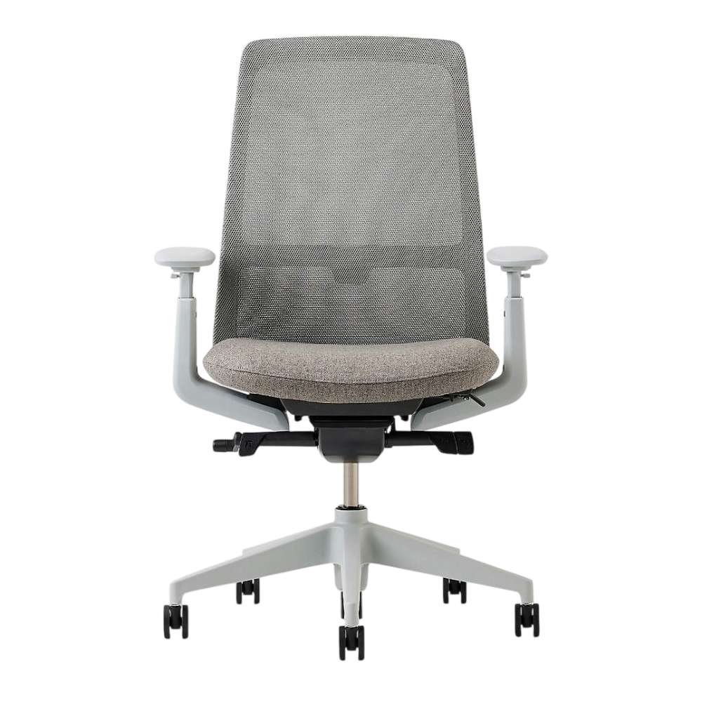 Crate & Barrel Haworth Soji Upholstered Stone and Mesh Office Chair front view highlights the breathable mesh back, stone upholstered seat, and adjustable armrests