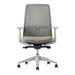 Crate & Barrel Haworth Soji Upholstered Stone and Mesh Office Chair front view highlights the breathable mesh back, stone upholstered seat, and adjustable armrests