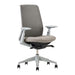 Crate & Barrel Haworth Soji Upholstered Stone and Mesh Office Chair is shown from an angled front view with a supportive mesh back and cushioned stone seat