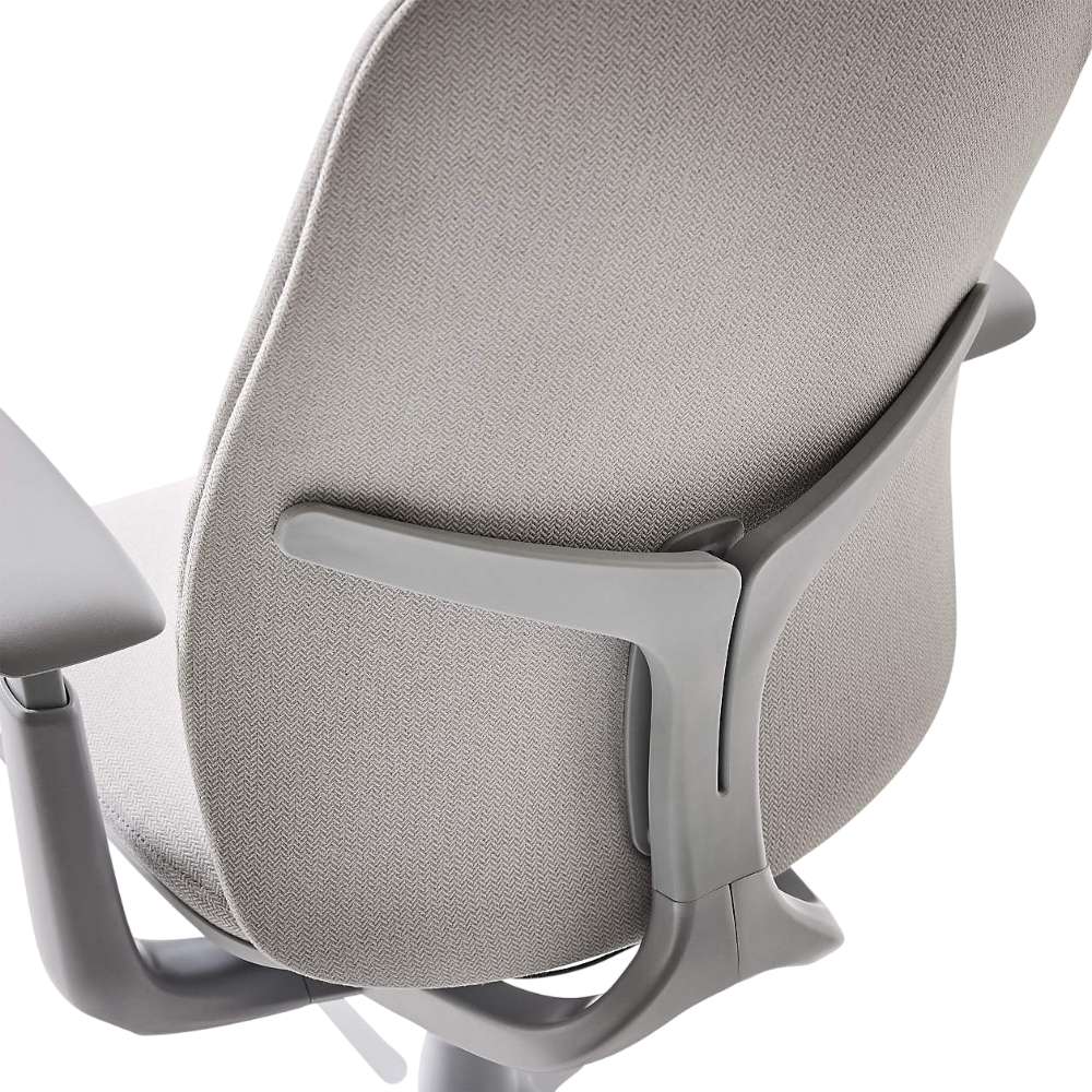 Crate & Barrel Haworth Zody Upholstered Fog Office Chair back view highlighting the upholstered backrest and supportive frame