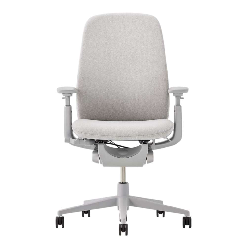Crate & Barrel Haworth Zody Upholstered Fog Office Chair front view featuring the upholstered back, cushioned seat, and five-wheel base
