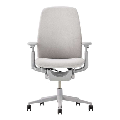 Crate & Barrel Haworth Zody Upholstered Fog Office Chair front view featuring the upholstered back, cushioned seat, and five-wheel base