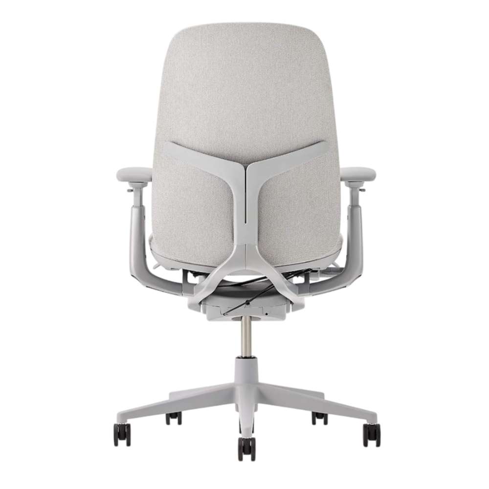 Crate & Barrel Haworth Zody Upholstered Fog Office Chair rear view showing the full backrest, adjustable armrests, and rolling base