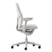 Crate & Barrel Haworth Zody Upholstered Fog Office Chair side profile showing the ergonomic design, padded seat, and adjustable armrests
