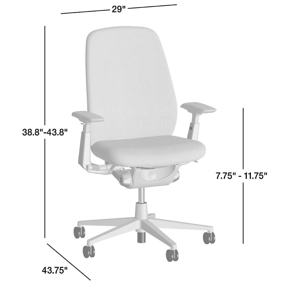 Crate & Barrel Haworth Zody Upholstered Office Chair dimension guide showing a 29-inch width, 43.75-inch depth, adjustable overall height, and adjustable seat height