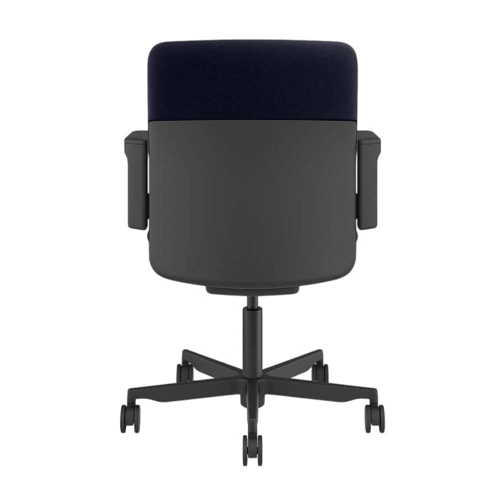 Crate & Barrel Humanscale® Path Blue Eco Knit Office Chair is shown from the back, featuring a smooth black back shell, a blue upholstered upper back, and a five-star rolling base