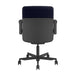 Crate & Barrel Humanscale® Path Blue Eco Knit Office Chair is shown from the back, featuring a smooth black back shell, a blue upholstered upper back, and a five-star rolling base