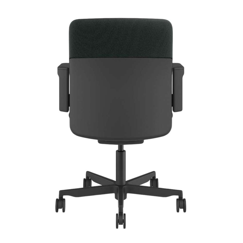 Crate & Barrel Humanscale® Path Green Eco Knit Office Chair is shown from the back, featuring a smooth black back shell, green fabric upper back, and a five-star rolling base