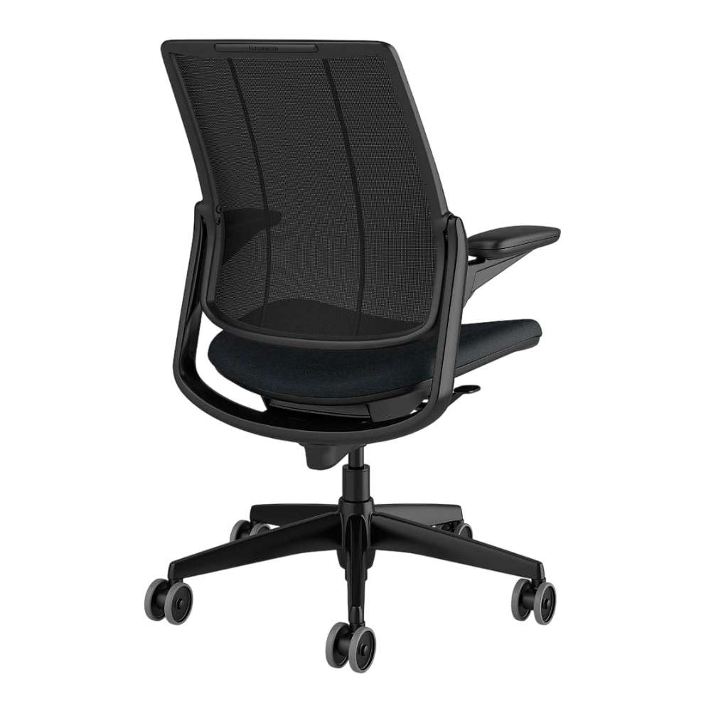 Crate & Barrel Humanscale® Smart Ocean Blue Wool Office Chair shown from the back with a black mesh backrest, blue wool seat, and rolling base