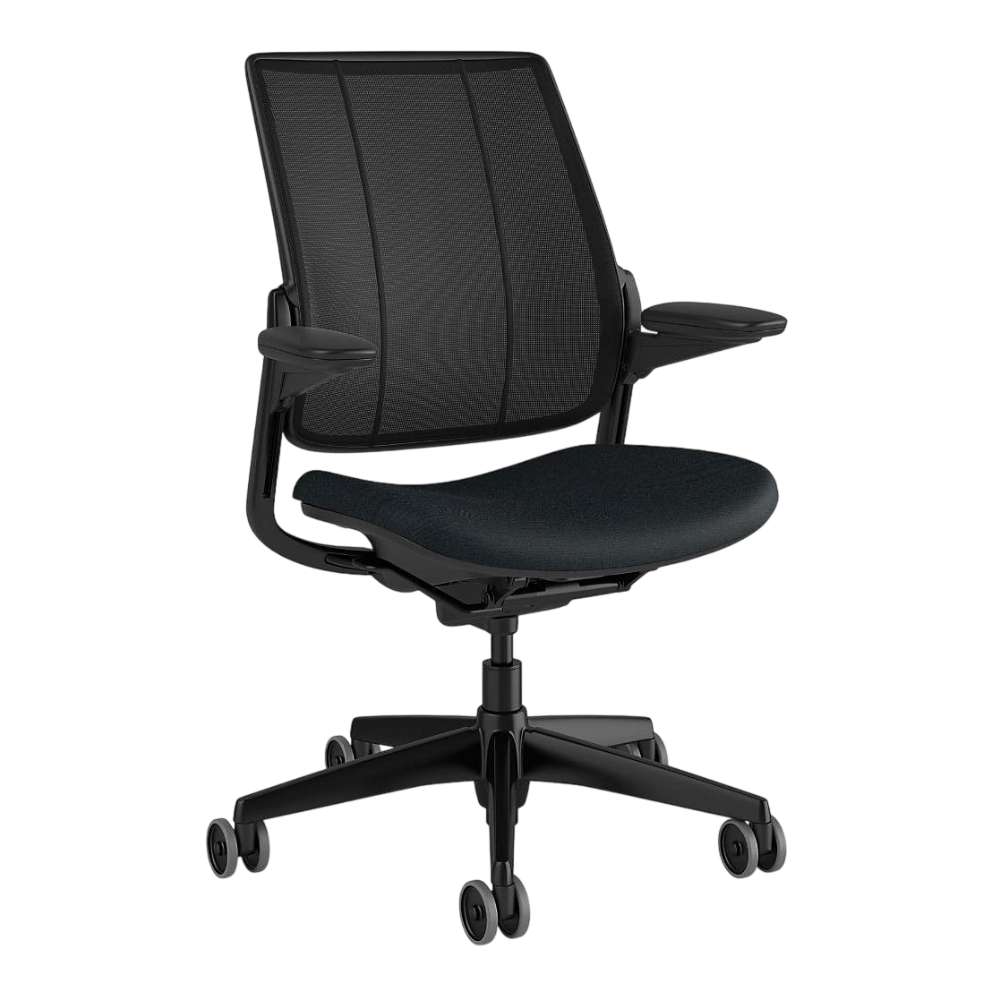 Crate & Barrel Humanscale® Smart Ocean Blue Wool Office Chair shown from the front at an angle with a breathable mesh back and cushioned blue wool seat