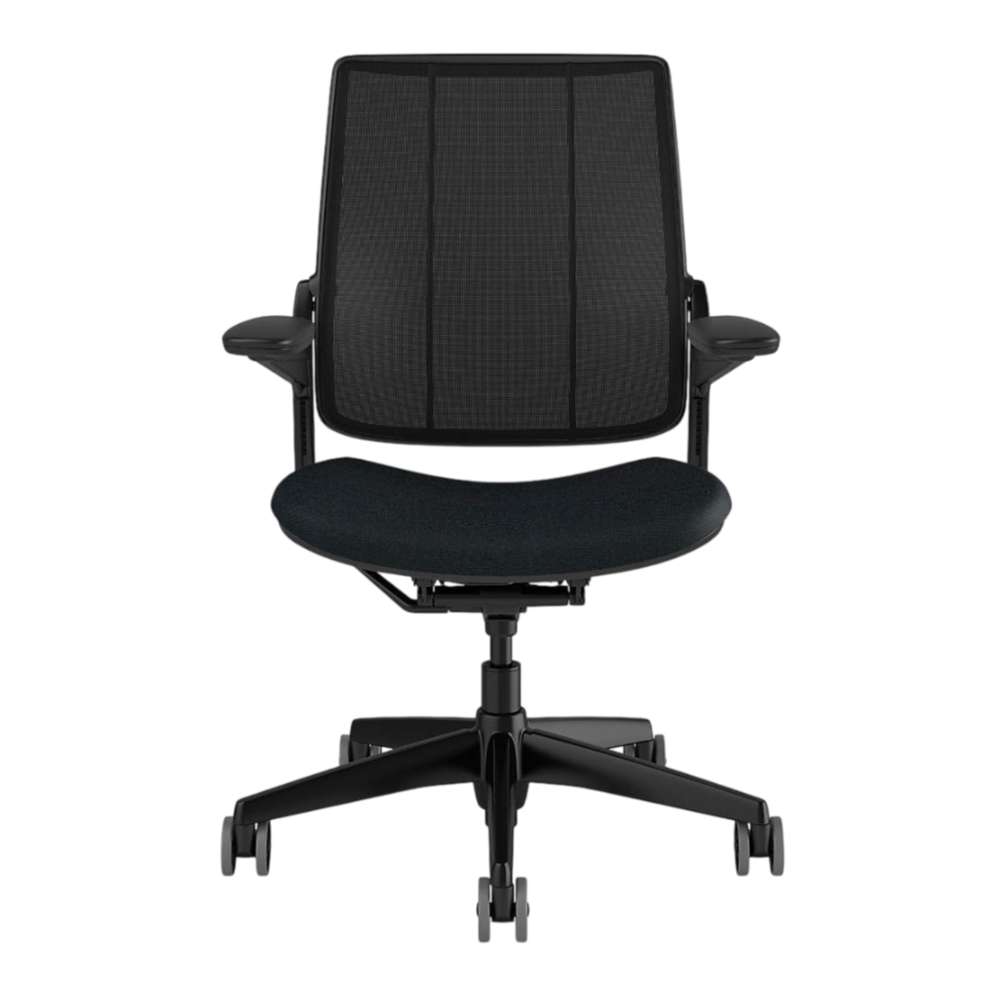 Crate & Barrel Humanscale® Smart Ocean Blue Wool Office Chair shown from the front with a black mesh back, blue wool seat, and caster wheels